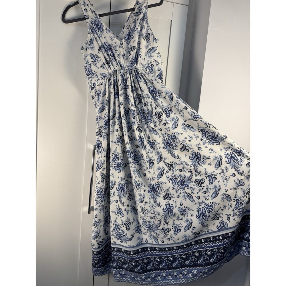 Lucky Brand White Blue Paisley Maxi Dress V-Neck Strappy Sleeveless XS